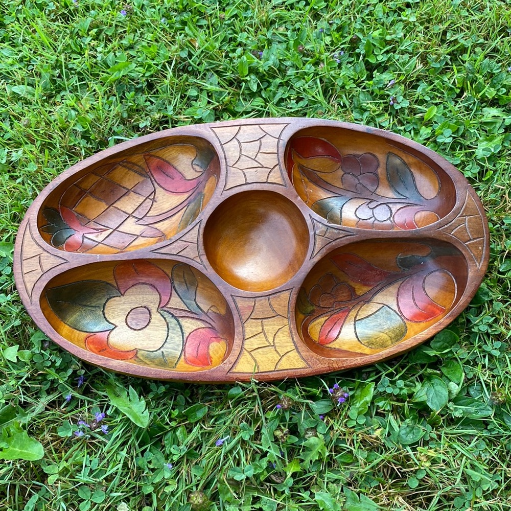 Vintage Wooden Carved Divided Dish Snack Tray